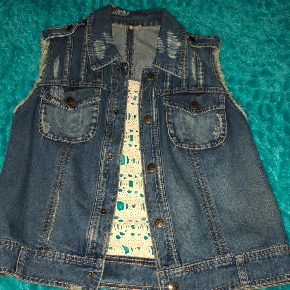 Woven back, jean jacket vest